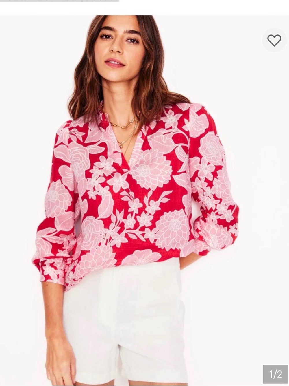 Boden Red and White Floral Split-Neck Long-Sleeve Blouse Women’s Size 16-18